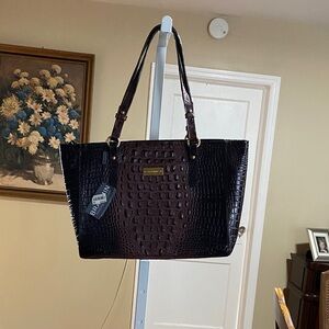 Brahmin Croc-Embossed Dark Brown Tote Bag